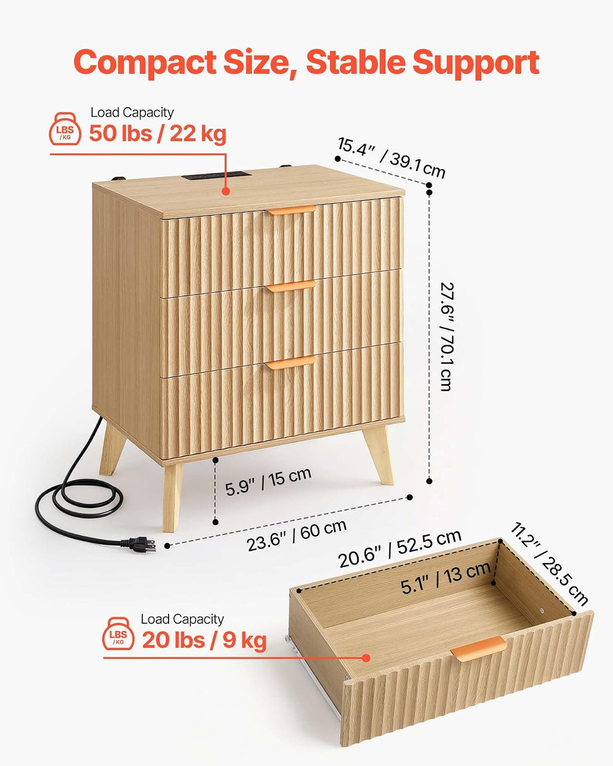 VEVOR Mesita de Noche Acanalada con estación de Carga, 3 cajones, cómoda para Dormitorio, Mesa Auxiliar Moderna de Mediados de Siglo, mesita de Noche, Mueble de Almacenamiento, cómoda, Color Caqui