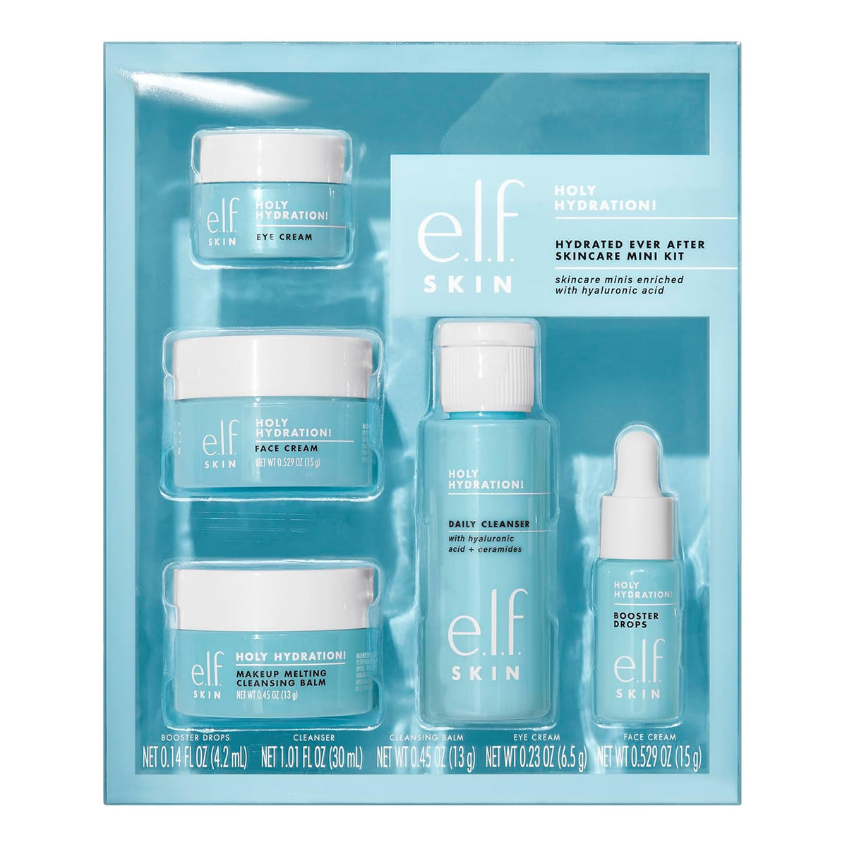 e.l.f. SKIN Holy Hydration! Hydrated Ever After Skincare Mini Kit, Cleanser, Makeup Remover, Moisturizer & Eye Cream For Hydrating Skin, Airplane-Friendly Sizes
