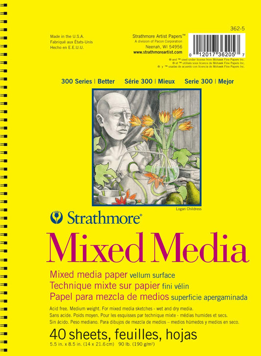 Strathmore Bloc Papel Medios Mixtos Serie 300, Encuadernado Alambre Lateral 5.5 x 8.5 pulgadas, 40 Hojas (117 lb/190 g)
