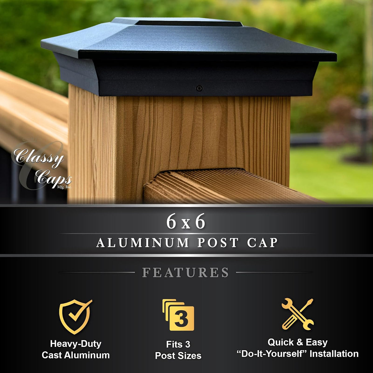 Classy Caps 6x6 Aluminium Posts Cap - Compatible 5"x5", 5.5"x5.5" & 6"x6" Cubierta y valla, Aluminio fundido - Heavy Duty Negro