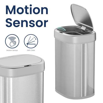NINESTARS DZT-80-24 Bote de basura con sensor de movimiento automático con rango de sensor ajustable, base de acero inoxidable, tapa plateada, 21 galones
