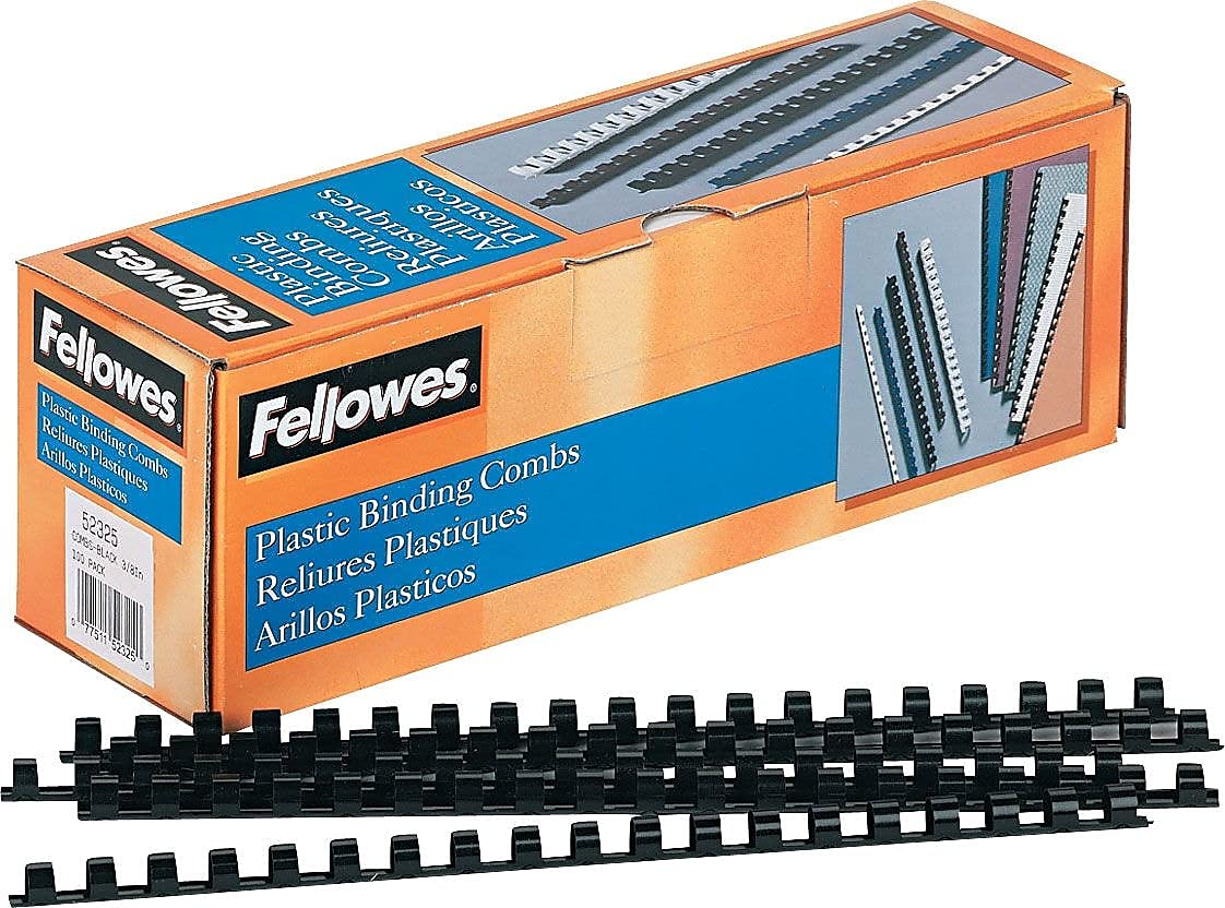 Fellowes Plastic Binding Combs, Round Back, 3/8", 55 Sheet Capacity, Black, 100 per Pack (52325)