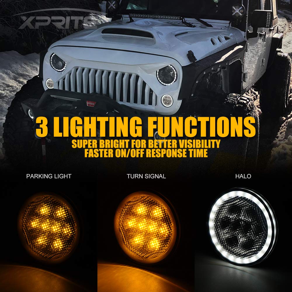Xprite LED Smoke Lens Turn Signal Lights with Halo DRL and Parking Function & Front Fender Side Marker Amber Light Assembly Replacement Combo for 2007-2018 Jeep Wrangler JK & Wrangler Unlimited