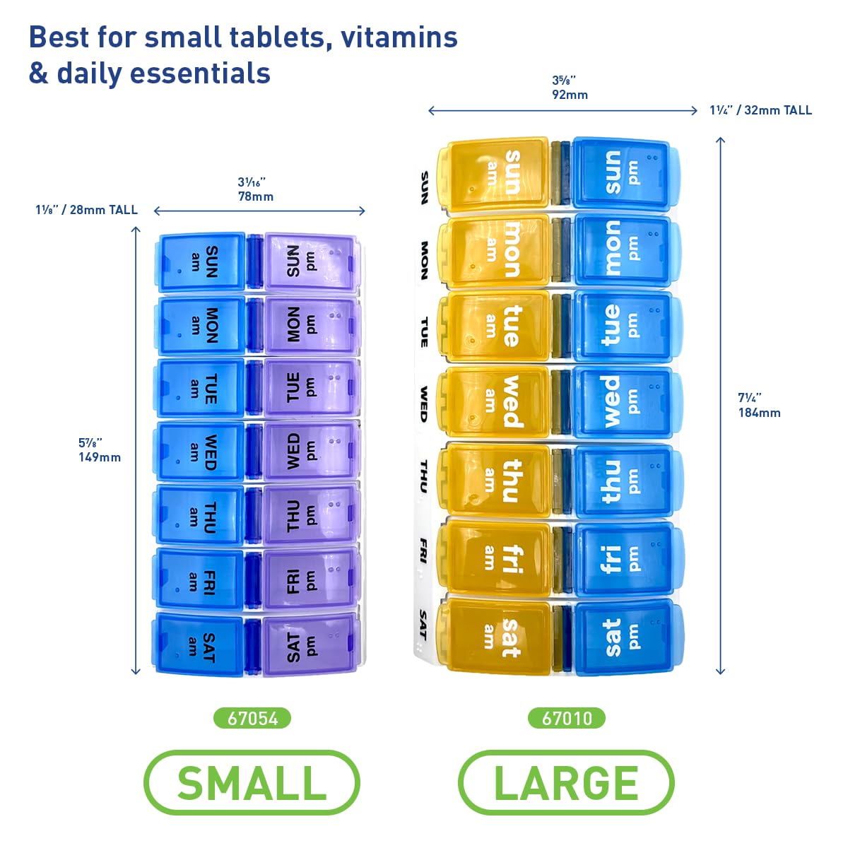 EZY DOSE - Estuche semanal para píldoras (7 días), planificador de medicamentos, caja organizadora de vitaminas, 2 veces al día AM/PM, compartimentos grandes para salir, prácticos y fáciles de usar,