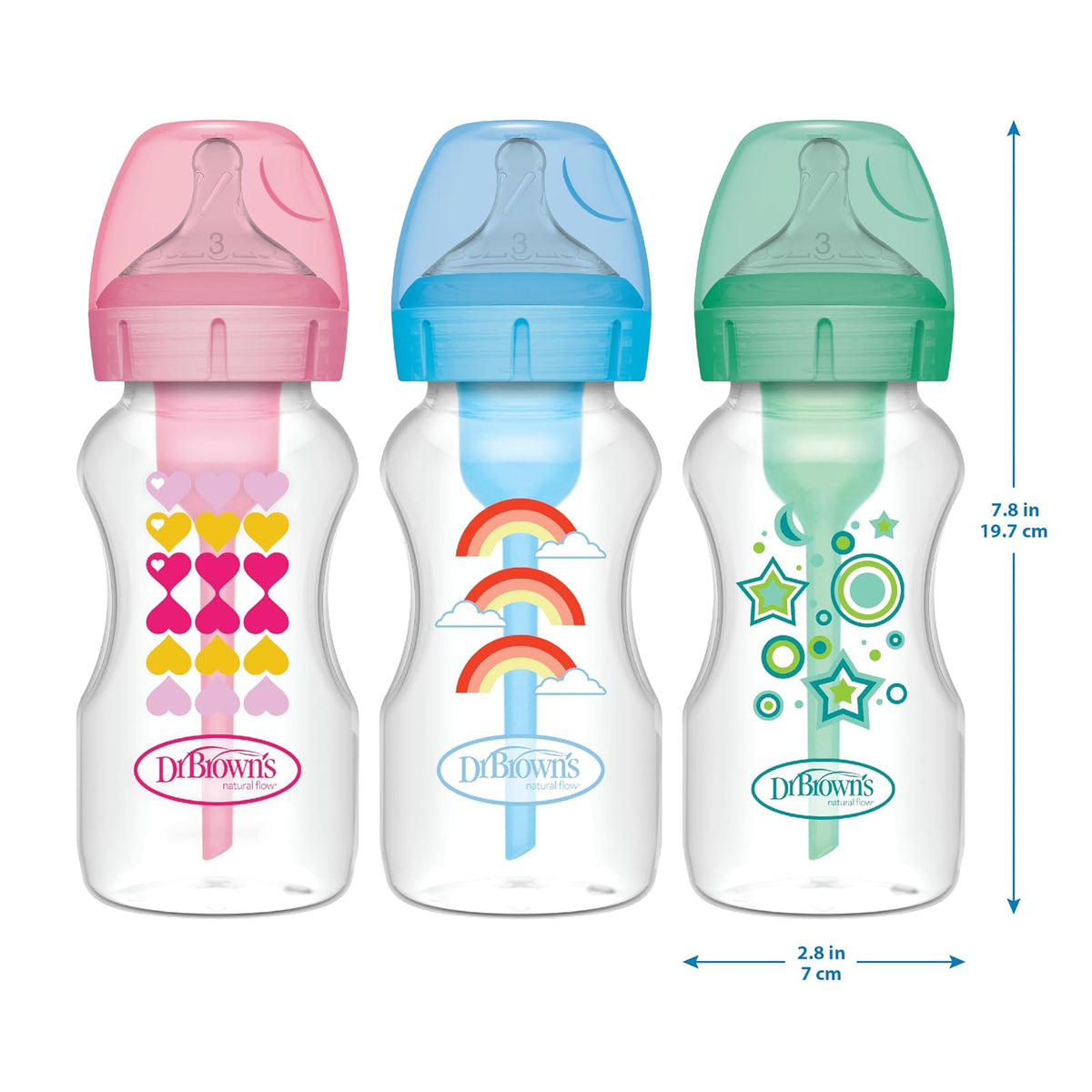 Dr. Brown's™ Options+™ Kit de iniciación de botellas de cuello ancho, pezones de nivel 3 con boquilla de transición, paquete de 2 9 onzas, verde, 6 meses +