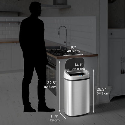 SensorCan - cubeta de basura de cocina con sensor automático de 13 galones sin batería con adaptador de corriente, cubeta de basura de acero inoxidable de forma ovalada con enchufe de CA