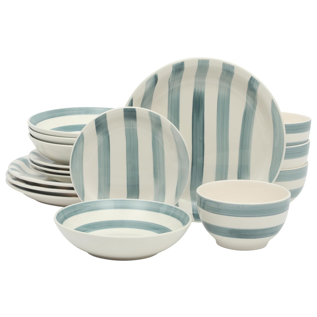 Gibson Home Kenwood Shores - Juego de vajilla de 16 piezas, rayas azules, platos y cuencos pintados a mano, servicio para 4, apto para microondas y lavaplatos