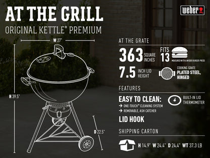 Asador de Carbón Weber Original Kettle, 22" Premium Negro