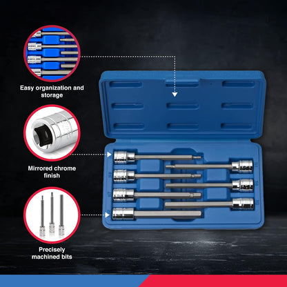 Neiko 10076A 3/8-Inch Extra Long Metric Hex Bit Socket Set | 7-Piece Set