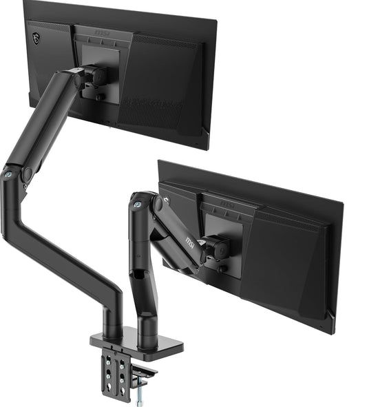 MSI mag MT201D - Brazos de Soporte para Monitor Doble de Alta Resistencia, Soporte de 17 a 45 Pulgadas, Compatible con VESA, Montaje de Resorte Ajustable, 44 Libras por visualización, Abrazadera y