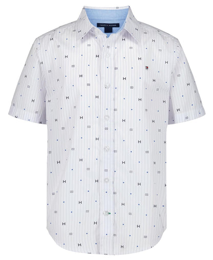 Tommy Hilfiger Camisa Tejida de Manga Corta con Botones para niño - 14-16 - Tommy Flag & Star Aop White