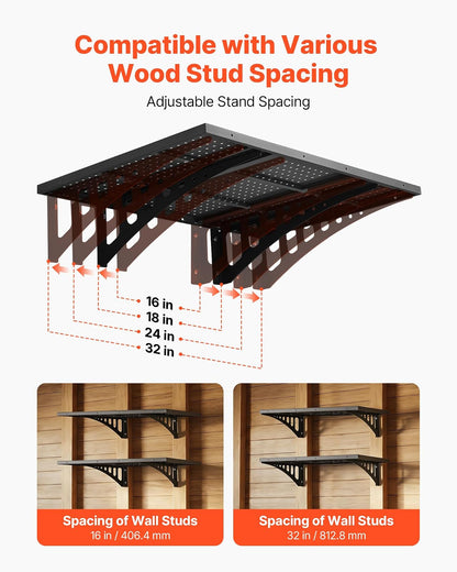 VEVOR Estantería de Pared de Acero Resistente 610x914 mm, Carga 254kg en Total 127kg por Estante, Distancia Ajustable, Juego de 2 Estanterías Flotantes con Ganchos para Garaje Cocina Lavandería Taller