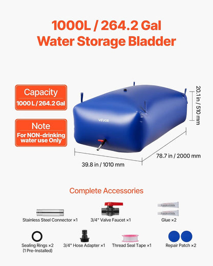VEVOR ​Vejiga del Almacenamiento de Agua con Válvula 1000 L, Bolsa de Agua de PVC Doble Capa 1000D, Portátil y Plegable, Resistente a Fugas, para Autocaravanas, Camiones, Uso en Exteriores, Azul