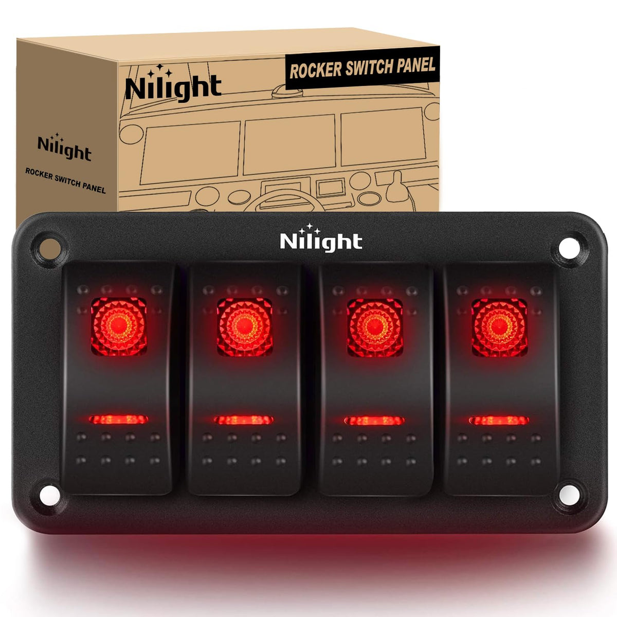 Nilight Panel de 4 Interruptores Basculantes 90135D, 5 Pines, Aluminio, 12/24 V, Retroiluminado Rojo
