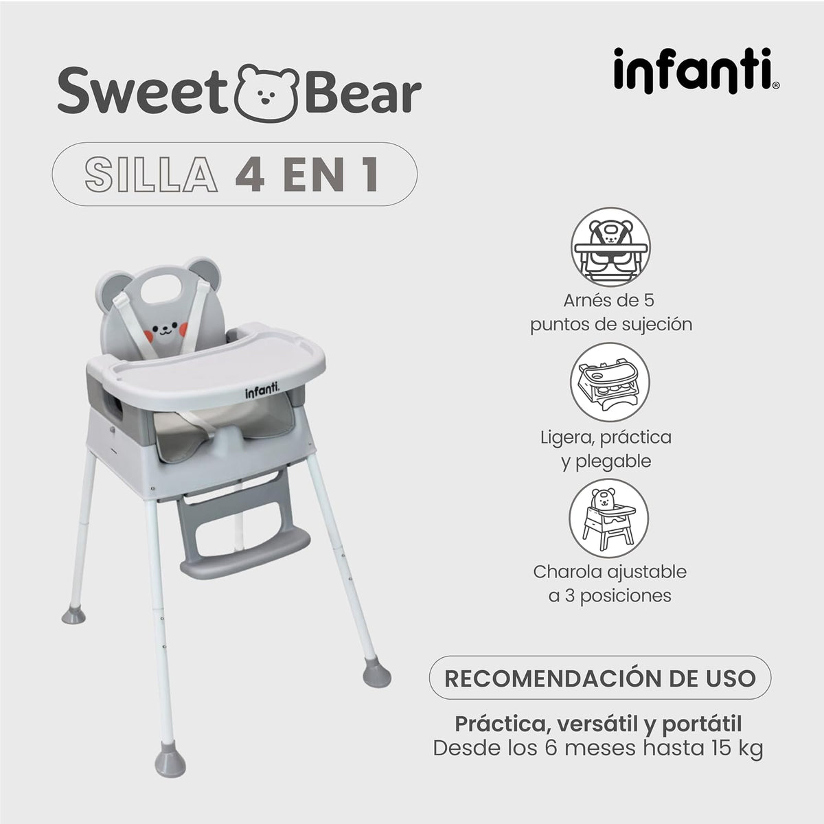 Infanti, Silla 4 En 1 Arnes De 5 Puntos Ligera Práctica Y Plegable Sweet Bear Gris