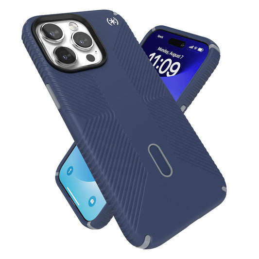 Speck - Funda para iPhone 15 Pro Max - ClickLock - Bloqueo antideslizante, construido para MagSafe, agarre de protección contra caídas, resistente a los arañazos, tacto suave, funda para teléfono de 6.7 pulgadas, agarre Presidio2 azul costero/gris polvo/b