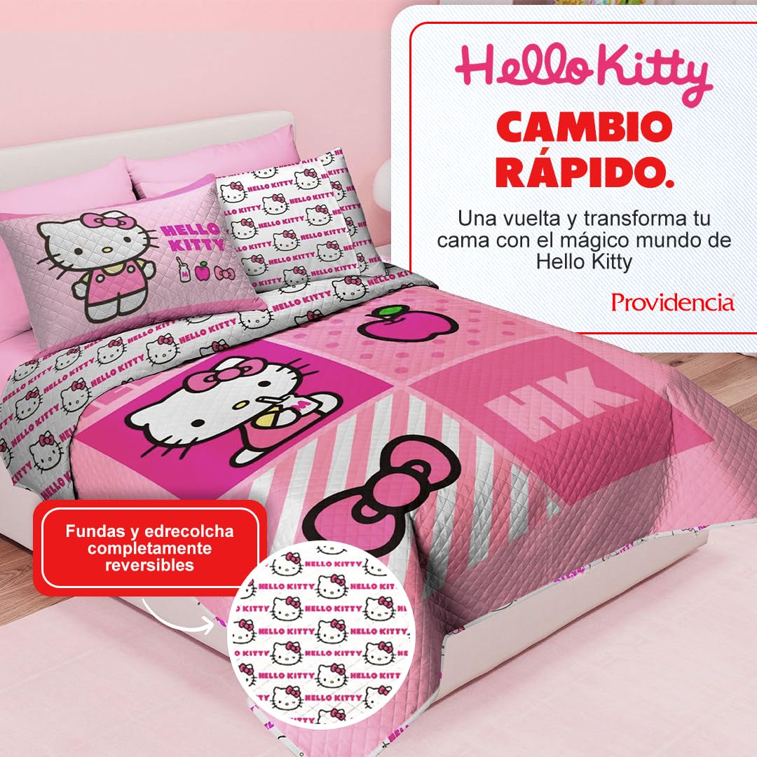 Providencia Edrecolcha Matrimonial 1.90 x 2.25 m con 2 Fundas para Almohada 70 x 50 cm. Hello Kitty. Mezcla Ideal Entre edredón y Colcha. Súper Suave, sin Calor. Lava fácil. Poliéster