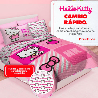 Providencia Edrecolcha Matrimonial 1.90 x 2.25 m con 2 Fundas para Almohada 70 x 50 cm. Hello Kitty. Mezcla Ideal Entre edredón y Colcha. Súper Suave, sin Calor. Lava fácil. Poliéster