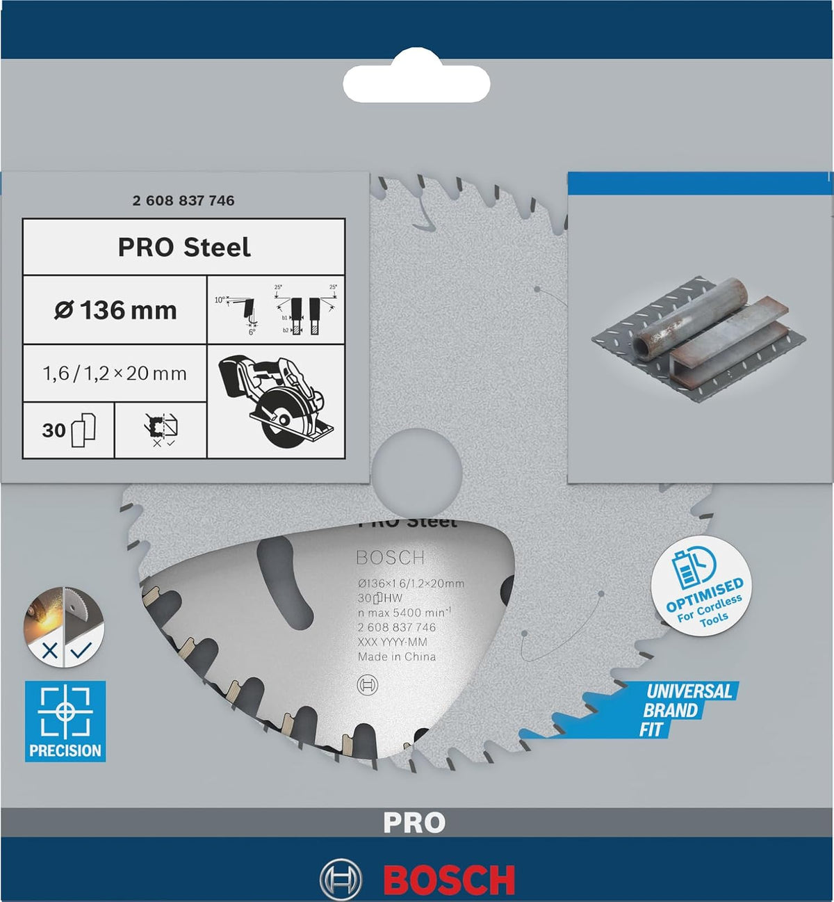 Bosch Disco sierra circular ø136x20mm | para Acero, Ø 136 mm, Professional Accesorios Sierras cortadoras en seco de mano sin cable