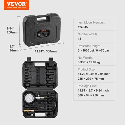 VEVOR Comprobador de Compresión de Motores Diésel, kit 18 Herramientas de Prueba de Presión de Cilindros, con Manómetro de 0 a 1000 psi y Adaptadores, para Comprobar Cilindros en Camiones, Tractores
