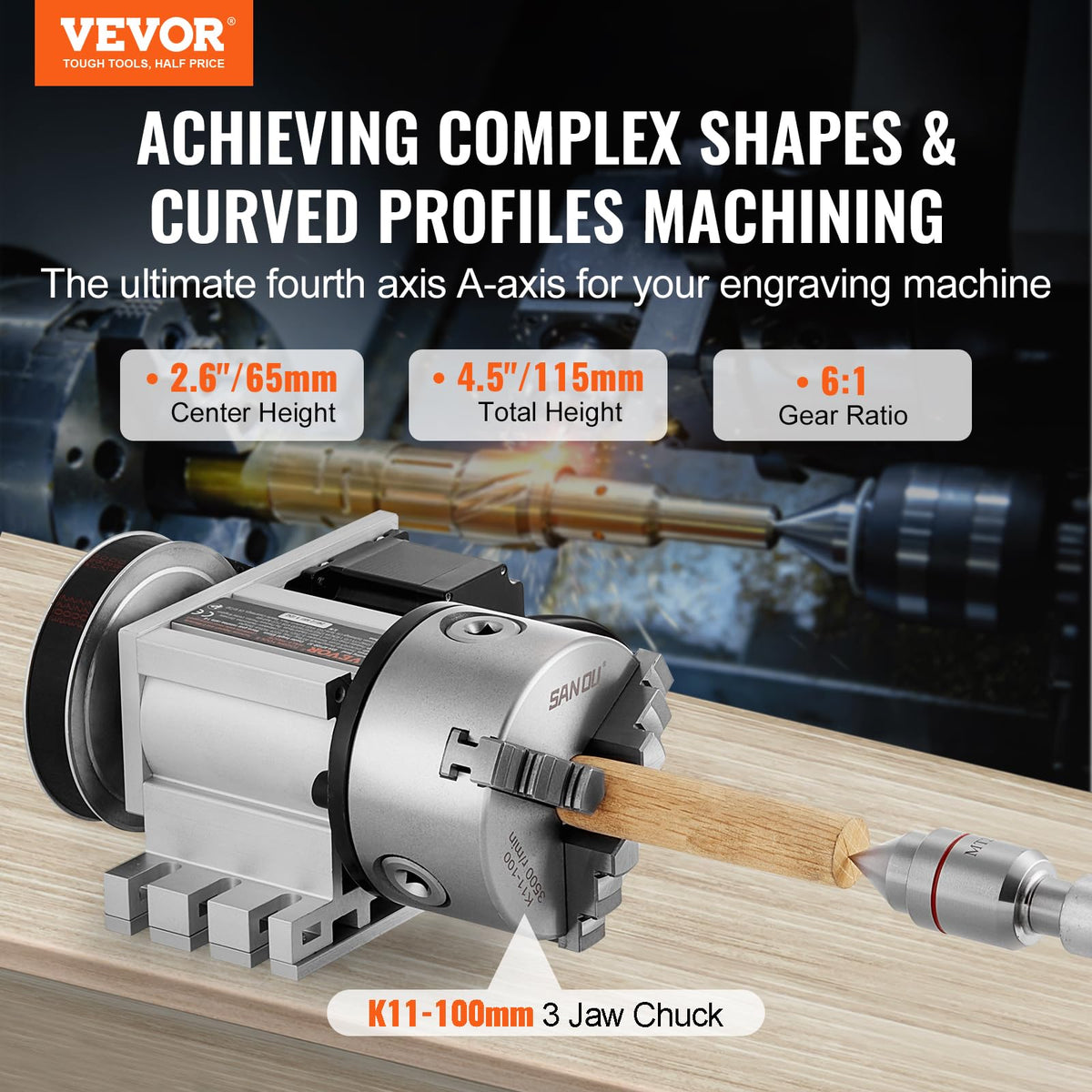 VEVOR Cabezal divisor, mandril de 3 mandíbulas K11-100 mm, fresadora CNC eje rotacional cabezal de indexación de eje A de 4 ° eje A, altura central de 65 mm, relación de engranaje 6:1, universal para