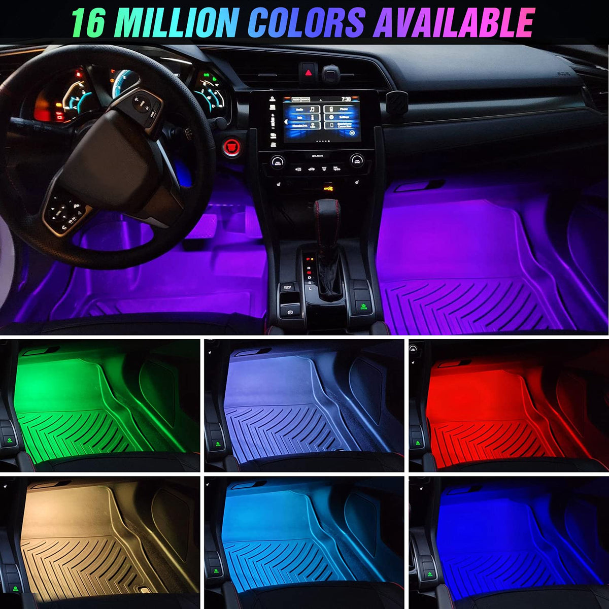 Nilight - Luces interiores de automóviles con control de aplicación, 16 millones de colores RGB, tira de luces con modo de sincronización de música y múltiples opciones de escena para automóviles