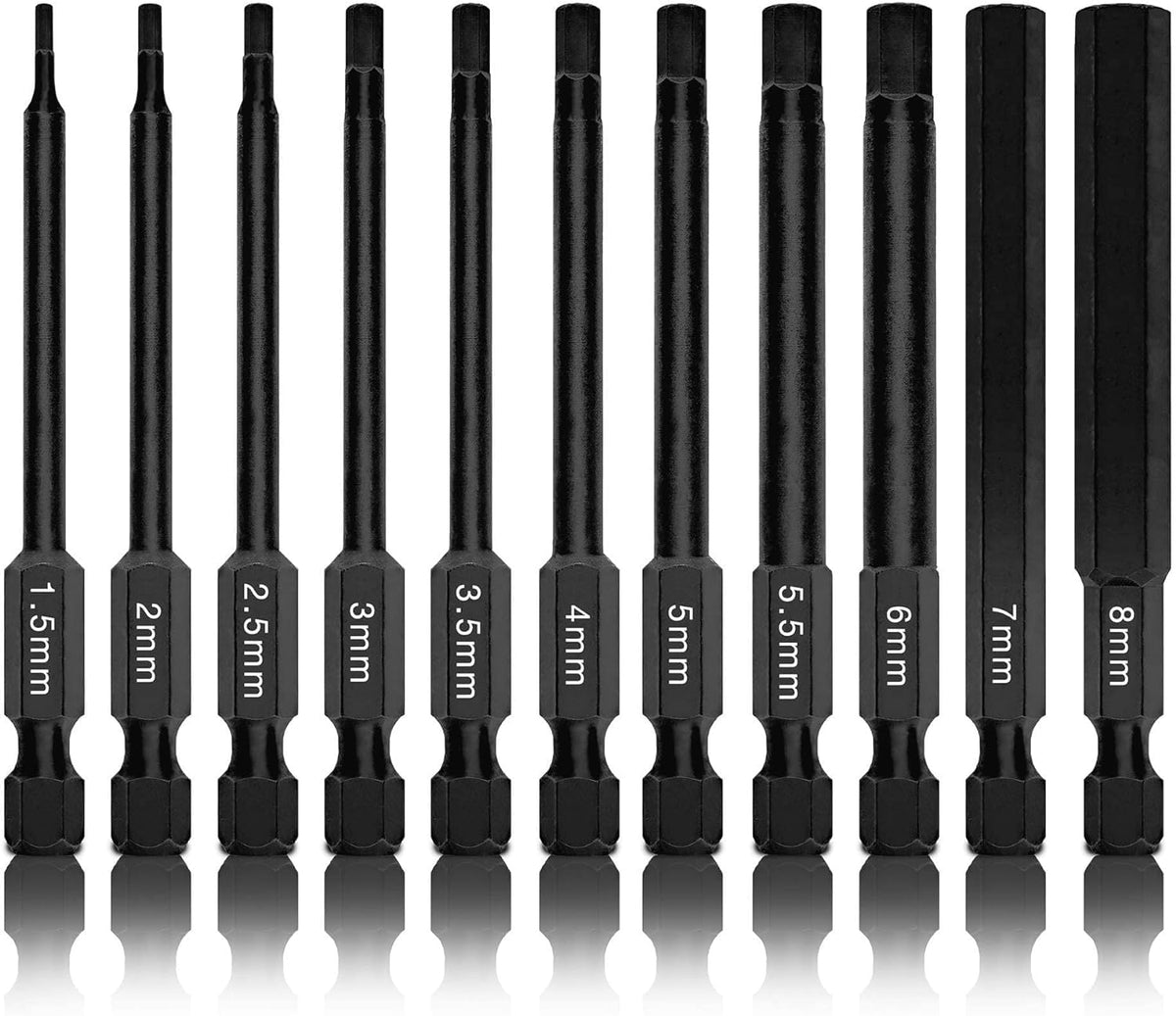Neiko 01148A Hex Allen Power Bit Set, 11-Piece Metric Sizes 1.5mm to 8mm | 3" Magnetic Hex Head Bits | Quick Release Shanks | Premium S2 Steel | Compatible with Power Drills and Impact Drivers - Métrico