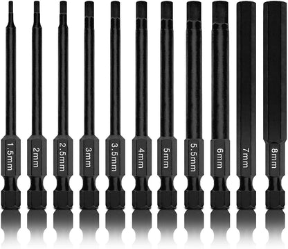 Neiko 01148A Hex Allen Power Bit Set, 11-Piece Metric Sizes 1.5mm to 8mm | 3" Magnetic Hex Head Bits | Quick Release Shanks | Premium S2 Steel | Compatible with Power Drills and Impact Drivers - Métrico