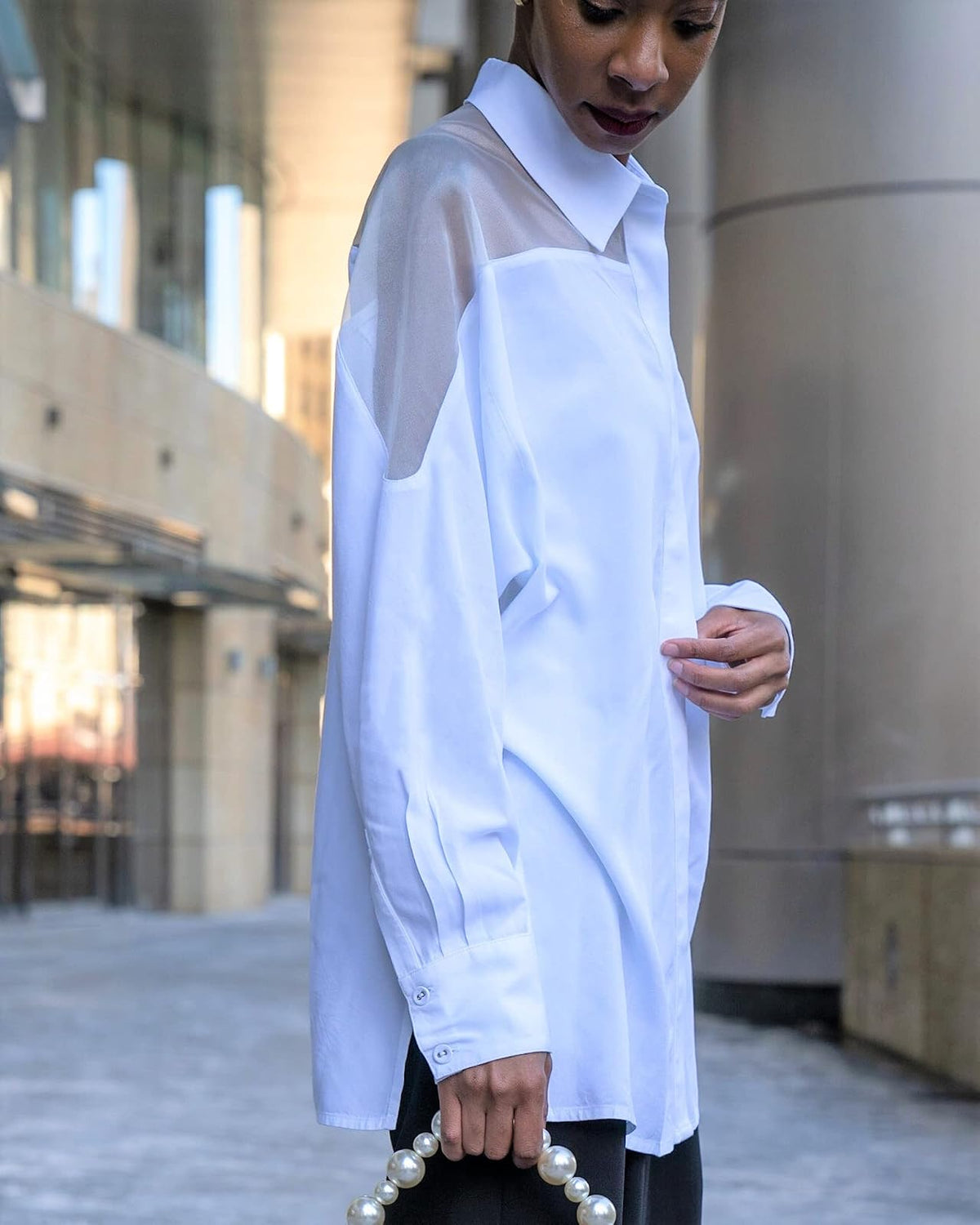 The Drop @signedblake - Camisa blanca con botones y canesú de organza, XXG, talla grande