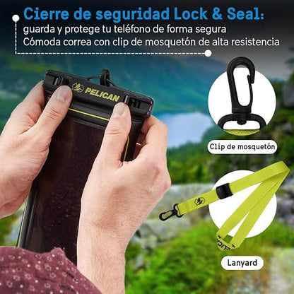Pelican Marine - Funda Impermeable para teléfono IP68 (tamaño estándar) Funda Flotante Impermeable para teléfono - Imprescindible para Viajes en cruceros de Playa - Black/Hi-Vis Yellow