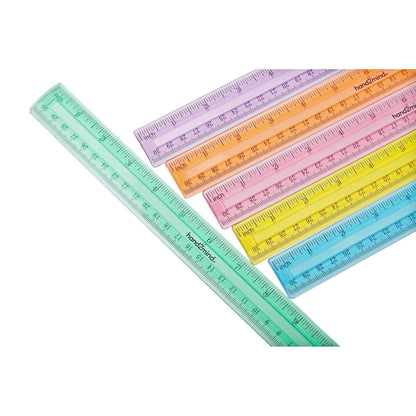 hand2mind Reglas de plástico Safe-T multicolor, transparente, semiflexible de 30, reglas de plástico arcoíris, regla de seguridad para medir (paquete de 24)
