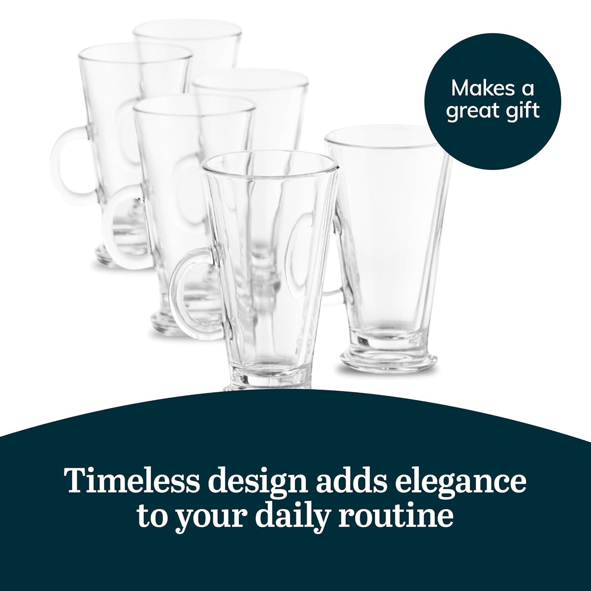 Libbey Catalina - Juego de 6 tazas de café irlandesas atemporales de vidrio con borde elevado, tazas de café de 9 onzas, elegantes tazas transparentes para café, batidos y más