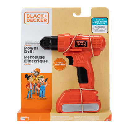Jakks Pacific Taladro Eléctrico de Juguete Black+Decker, Incluye baterías | Sonido real, accesorios intercambiables, imaginación, coordinación motriz, juegos de rol, edad 3+ años