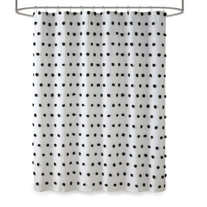Madison Park Sophie Trendy Shower Curtain with Textured Pom-Poms Accent, Modern Bathroom Décor, Machine Washable Bath Privacy Screen, 72 in x 72 in, Black/White