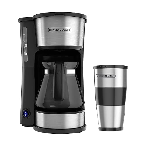 Black+Decker Cafetera 5 Tazas con Jarra de Vidiro y Vaso Personal, CM0755S | Termo de acero inoxidable, filtro permanente y cesta removible, compatible con goteador para café filtrado a mano