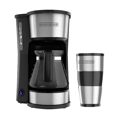 Black+Decker Cafetera 5 Tazas con Jarra de Vidiro y Vaso Personal, CM0755S | Termo de acero inoxidable, filtro permanente y cesta removible, compatible con goteador para café filtrado a mano
