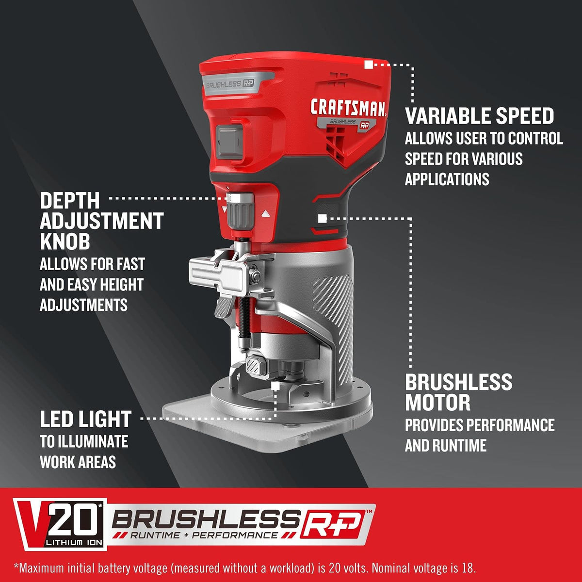 CRAFTSMAN V20 Herramienta de enrutador, sin cable, velocidad variable, enrutador de base fija con ajuste de profundidad, solo herramienta desnuda (CMCW400B)