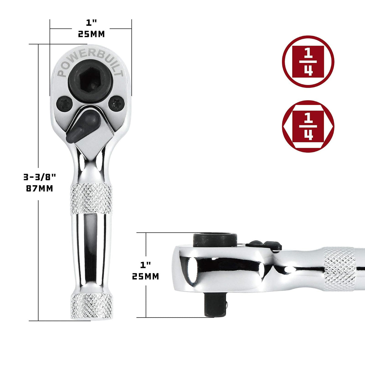 Powerbuilt Trinquete Stubby, mini llave de trinquete de 1/4 pulgadas, reversible de 72 dientes, espacios reducidos, liberación rápida - 940478