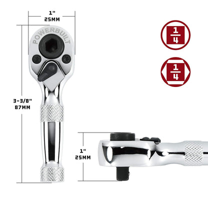 Powerbuilt Trinquete Stubby, mini llave de trinquete de 1/4 pulgadas, reversible de 72 dientes, espacios reducidos, liberación rápida - 940478