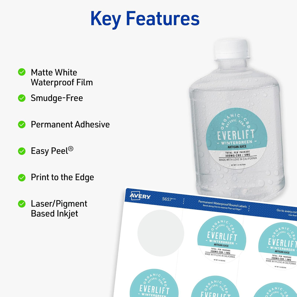 Avery Etiquetas impermeables duraderas con tecnología Sure Feed, 2 pulgadas de diámetro, blanco mate, inyección de tinta láser y pigmento, 96 etiquetas imprimibles, ideales para etiquetas de