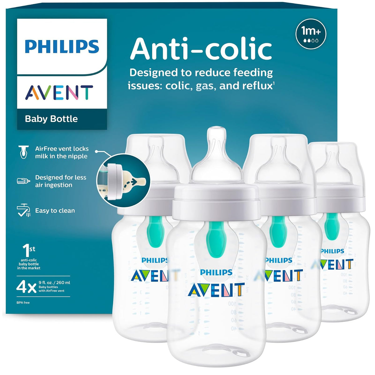 Philips Avent Biberón Anti-colic AirFree, Clínicamente Comprobado - Paquete de 4 - Transparente