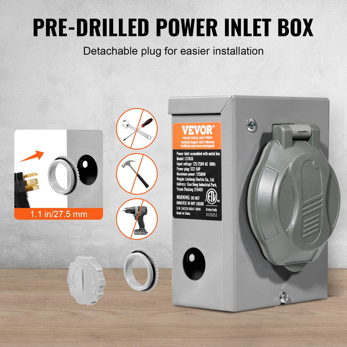VEVOR Kit de Cable de generador de 50 A y Caja de Entrada de energía, 7,62 m (25 pies), Cable de alimentación de generador NEMA 14-50P/SS2-50R STW 6/3+8/1 AWG con Conector de Bloqueo Giratorio