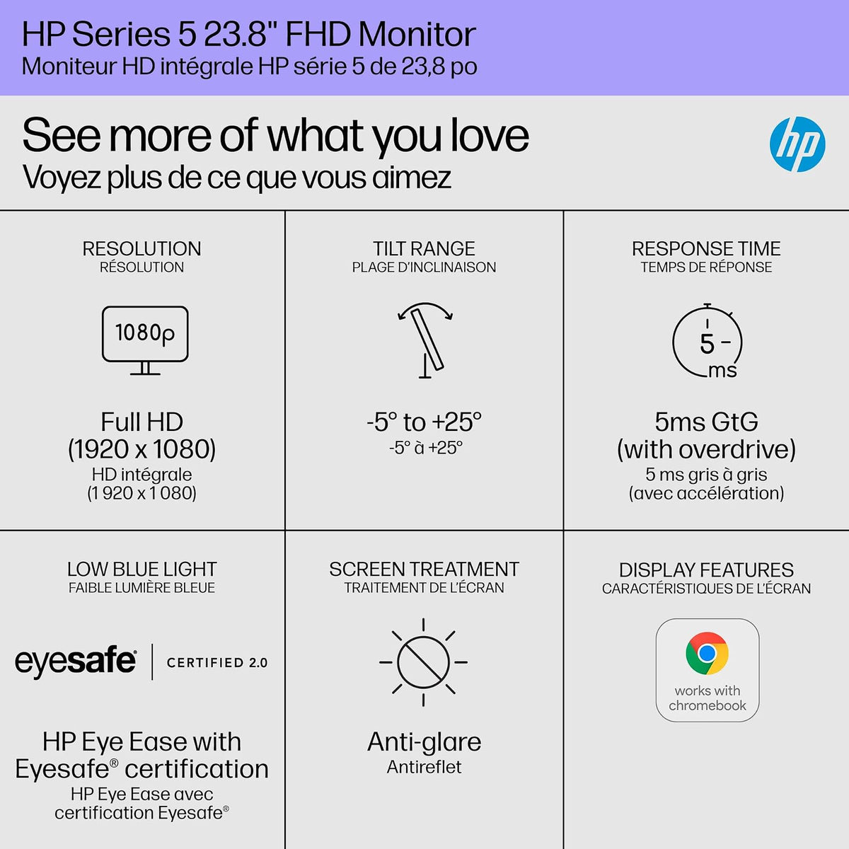 HP Monitor 524sw FHD S5, 23.8", IPS, 1920 x 1080, 100 Hz, 5ms GtG, Eye Ease, Luz Azul Baja, Antifeflejo, Micro Bordes, HDMI/VGA, Blanco/Plateado (94C21AA)