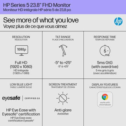 HP Monitor 524sw FHD S5, 23.8", IPS, 1920 x 1080, 100 Hz, 5ms GtG, Eye Ease, Luz Azul Baja, Antifeflejo, Micro Bordes, HDMI/VGA, Blanco/Plateado (94C21AA)