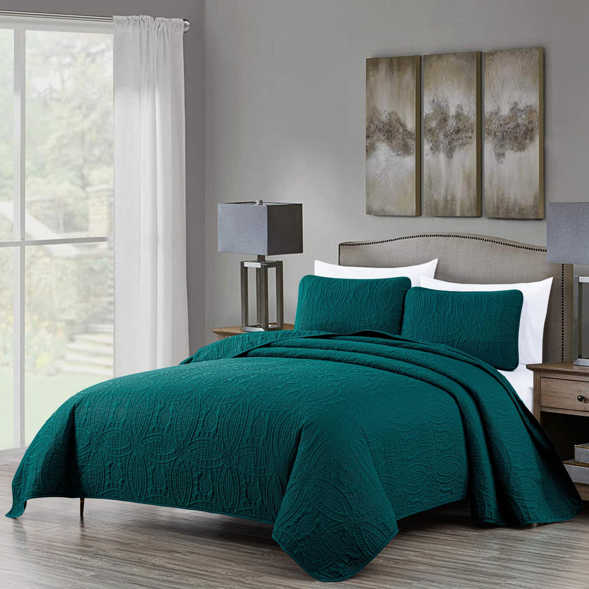 Chezmoi Collection Juego de Colcha Austin 3 Piezas - Queen - Verde azulado