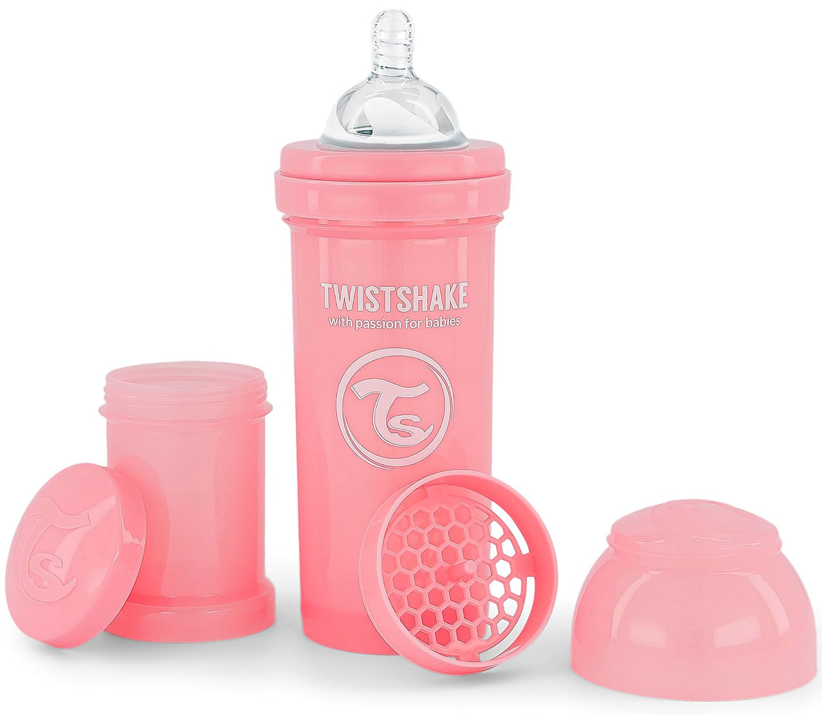 Twistshake Biberón Anticólicos 260 ml, Tetina Tipo Pecho - Rosa