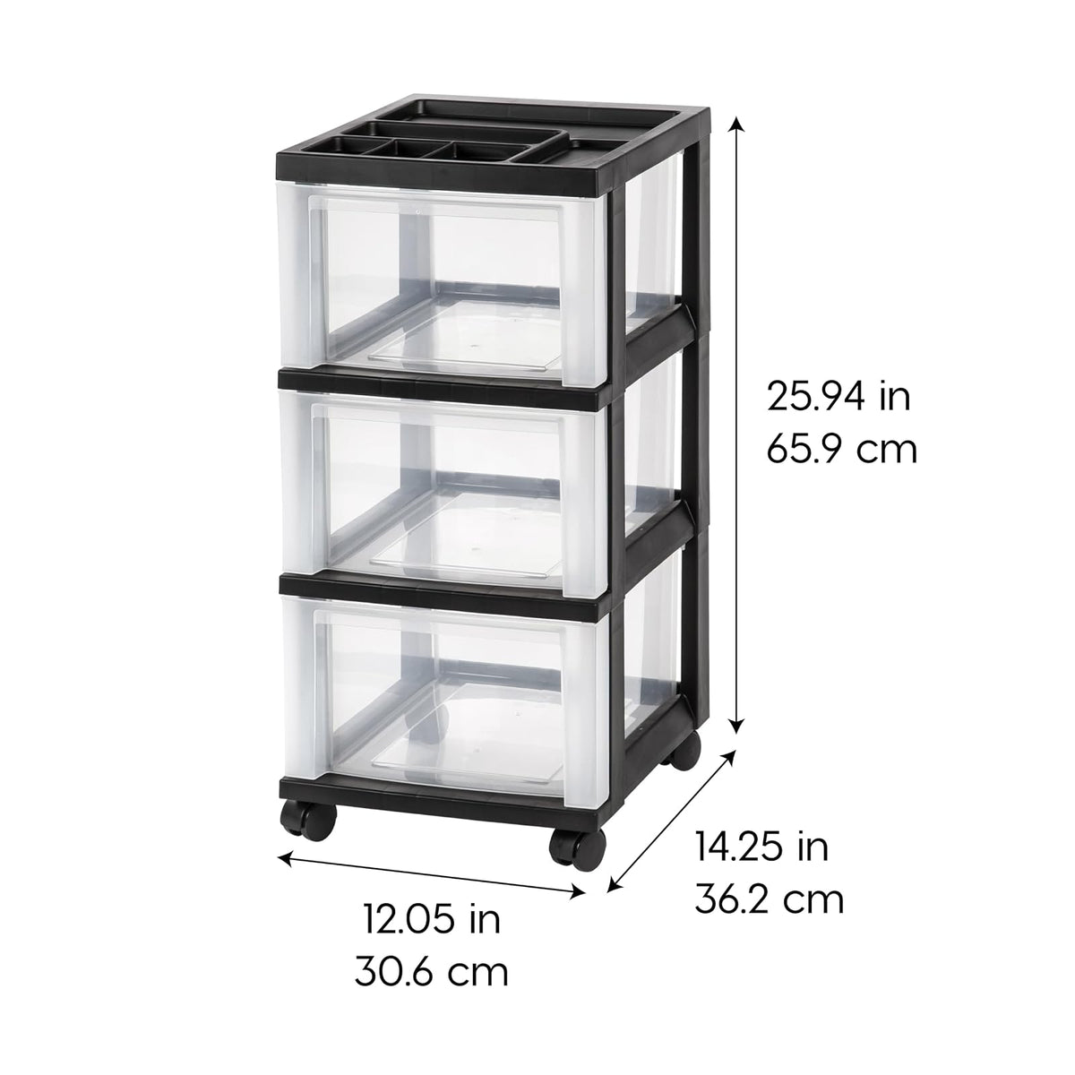 IRIS USA Carrito Organizador con Ruedas de 3 Cajones, Negro/Transparente | Organiza manualidades, artículos de oficina, salón y accesorios con cajones de fácil acceso para uso diario