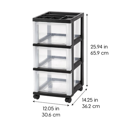IRIS USA Carrito Organizador con Ruedas de 3 Cajones, Negro/Transparente | Organiza manualidades, artículos de oficina, salón y accesorios con cajones de fácil acceso para uso diario