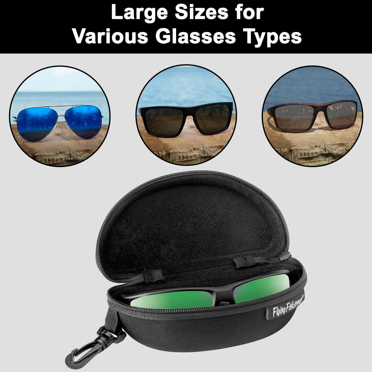 Flying Fisherman Shell Zipper Protective Fabric Sunglass Case with Clip for Men and Women Sunglasses Eyewear | Black, 2-Pack