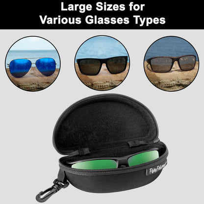 Flying Fisherman Shell Zipper Protective Fabric Sunglass Case with Clip for Men and Women Sunglasses Eyewear | Black, 2-Pack